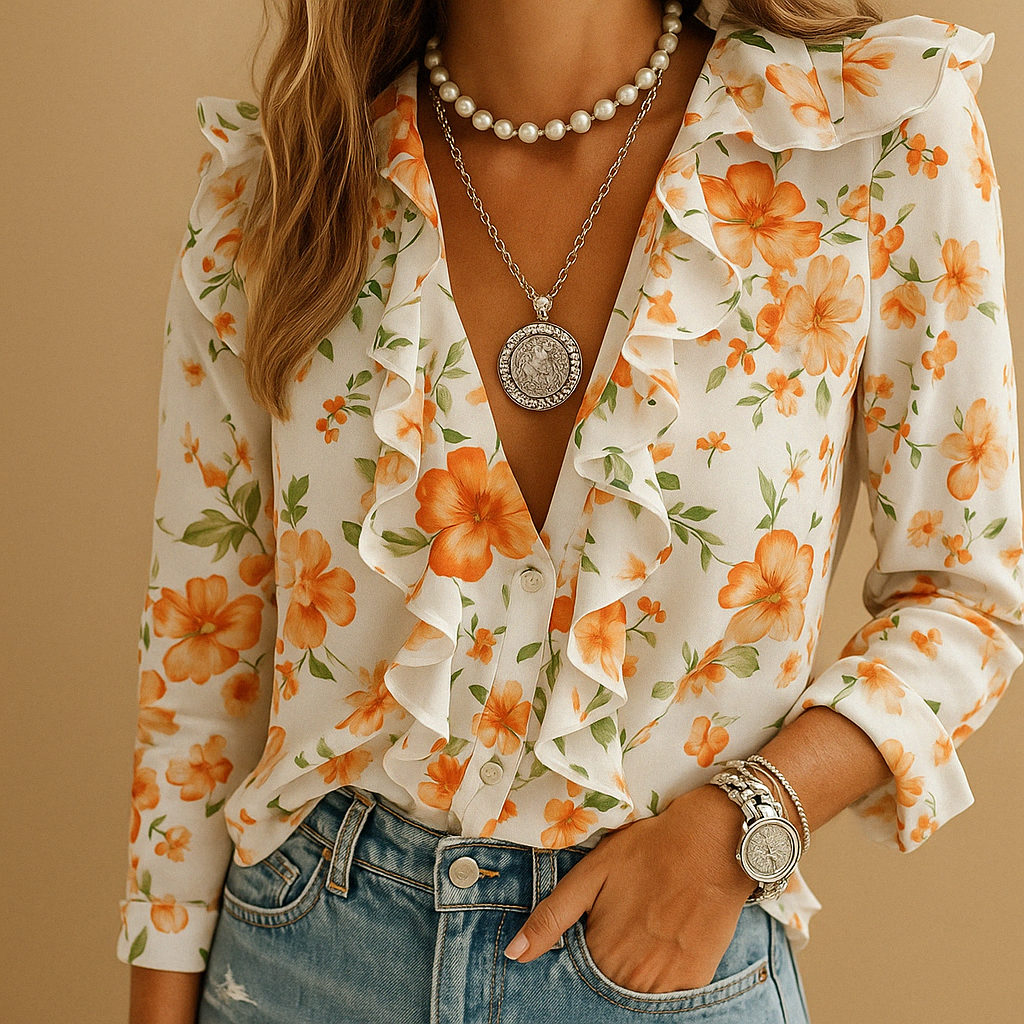 Blouse with ruffles and butterfly print for women | Felicity 0