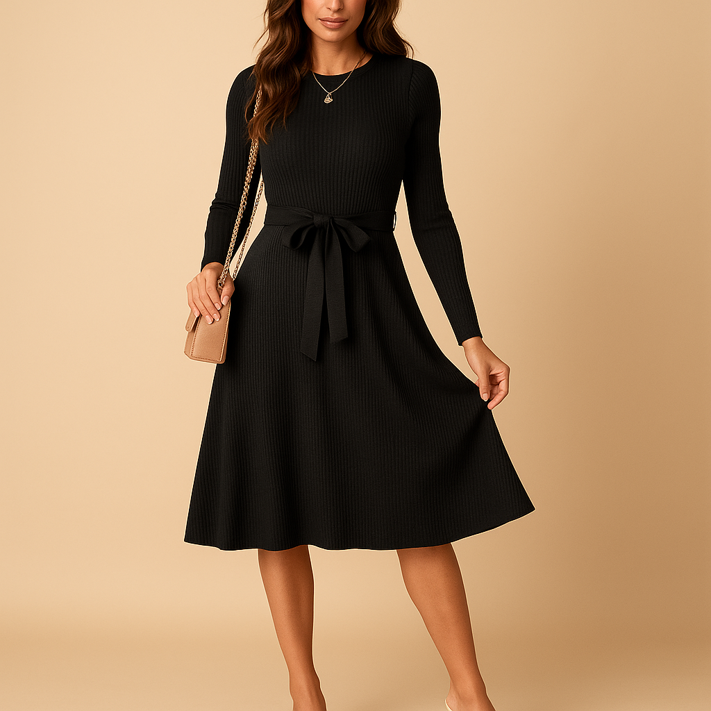 Knitted autumn dress with belt for women | Hazel 1