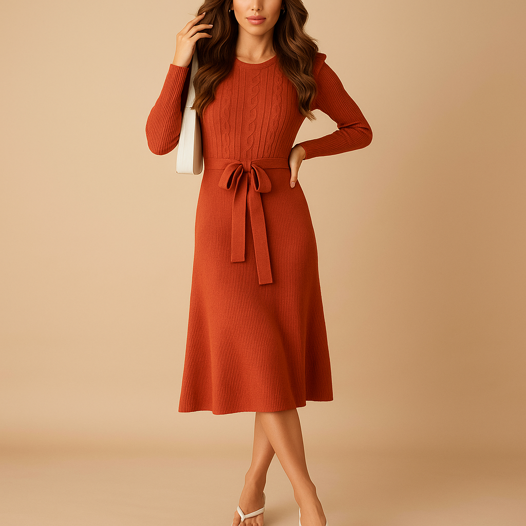 Knitted autumn dress with belt for women | Hazel 3