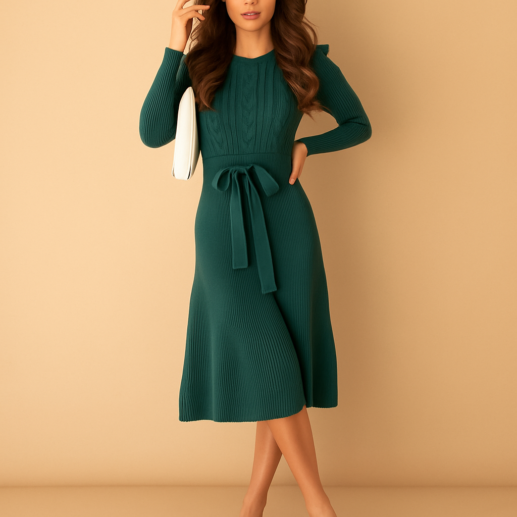 Knitted autumn dress with belt for women | Hazel 4