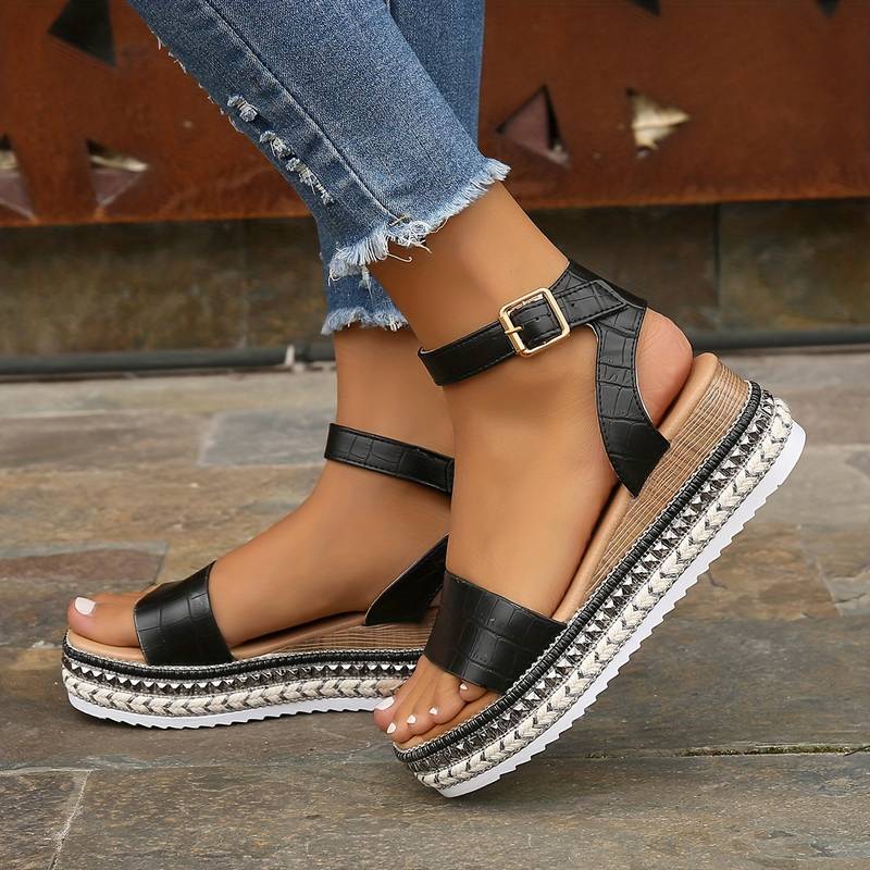 Lunara | Women's Adjustable Black Platform Sandals with Textured Sole for Summer Comfort 4